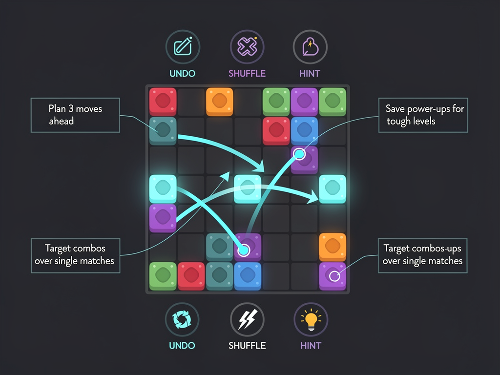 Tile Match Strategy Guide - Optimal moves highlighted on game board