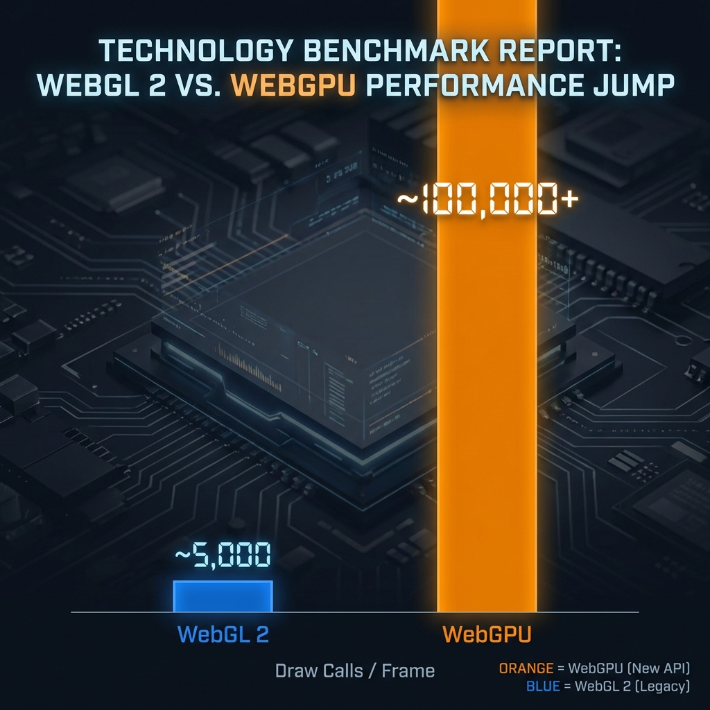 Benchmark comparison showing WebGPU significantly outperforming WebGL2 in draw calls