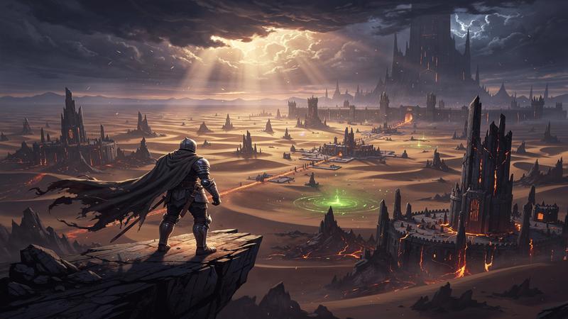 Crimson Desert open world fantasy landscape at golden hour