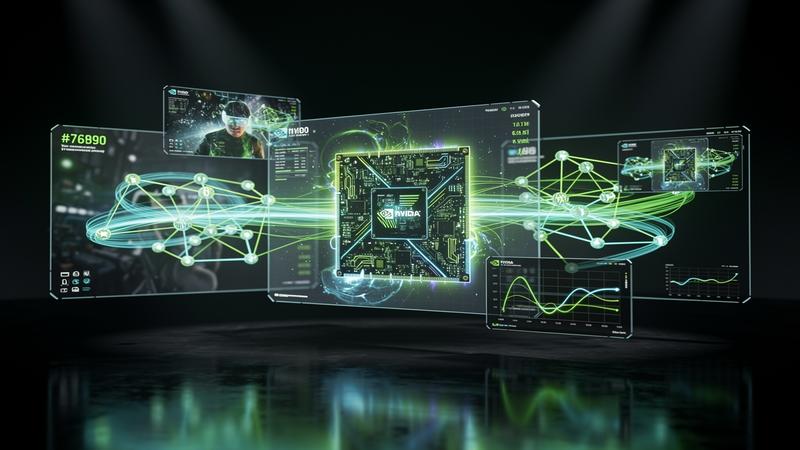 NVIDIA DLSS 4.5 futuristic tech announcement blue glowing RTX