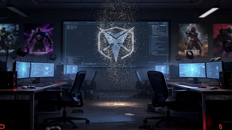 Epic Games layoffs - dark moody gaming news header with studio logo dissolving into particles