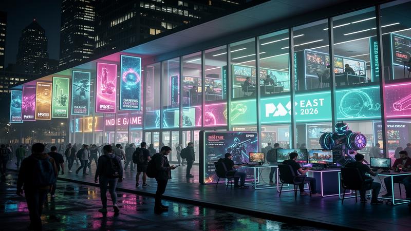 PAX East 2026 gaming convention at night with colorful neon banners and indie game showcases