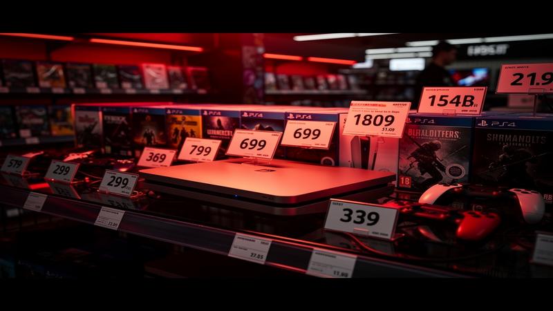 PlayStation 5 console on retail shelf with rising price tags and dramatic red lighting