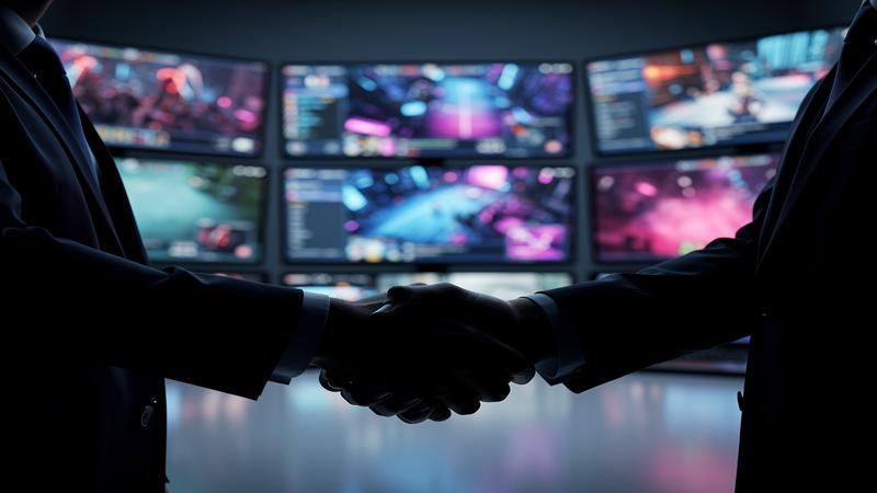 Corporate gaming acquisition concept with handshake silhouette over gaming screens