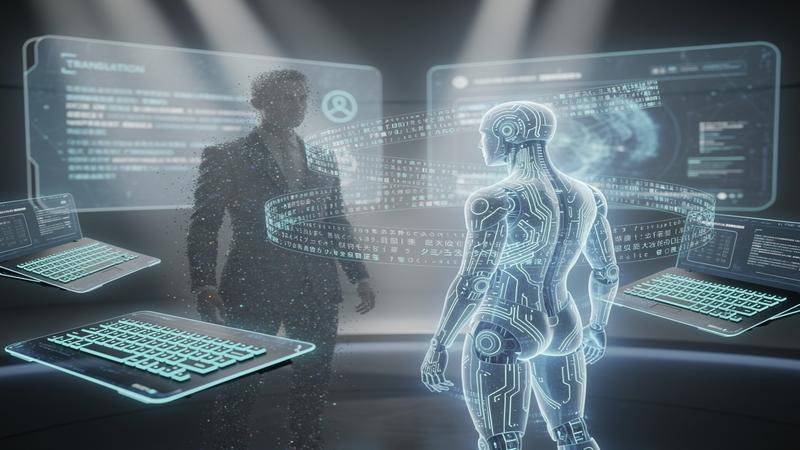 Futuristic AI replacing human translator concept with holographic text and keyboards