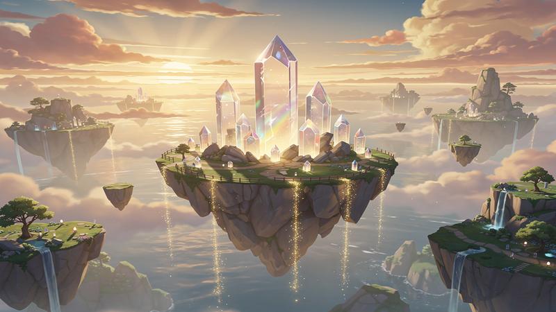 Genshin Impact fantasy landscape with golden sunset over floating islands and crystal spires