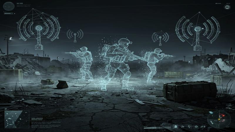 Tactical shooter game server shutdown concept with dark battlefield and fading connection signals