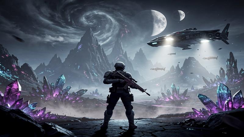 Sci-fi extraction shooter game concept with lone figure on alien planet and distant spacecraft