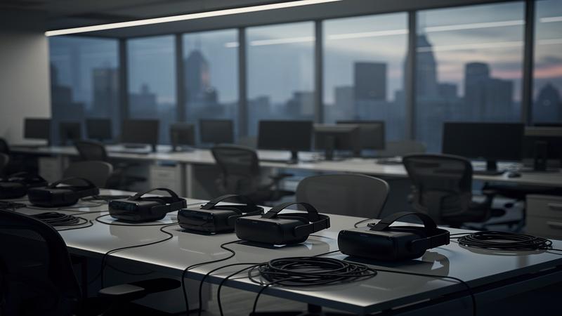 Meta Reality Labs VR division layoffs concept with darkened VR headsets and corporate office