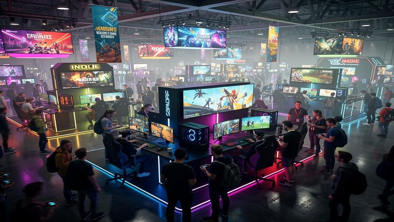 Crowded gaming convention hall with vibrant indie game booths and excited attendees