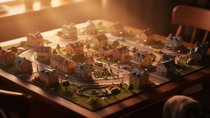 Cozy diorama city builder game scene with charming miniature buildings and warm sunset lighting