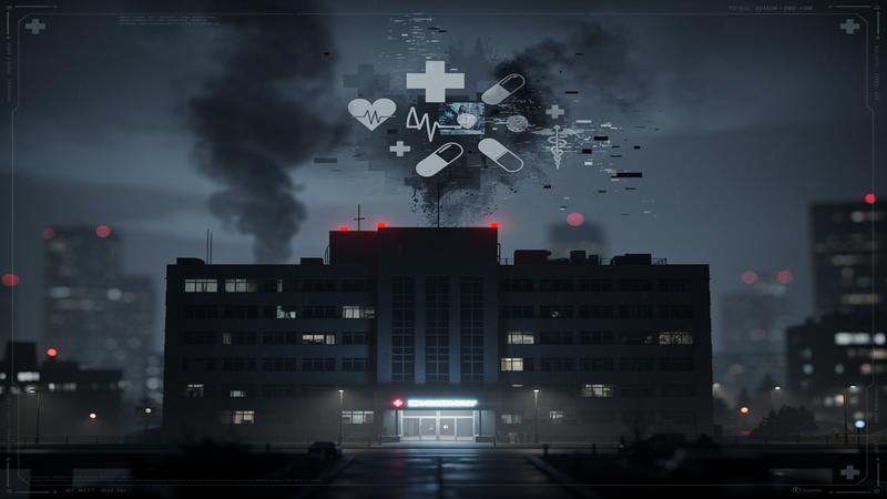 Dark emotional gaming news header about healthcare loss with hospital silhouette and fading healthcare symbols