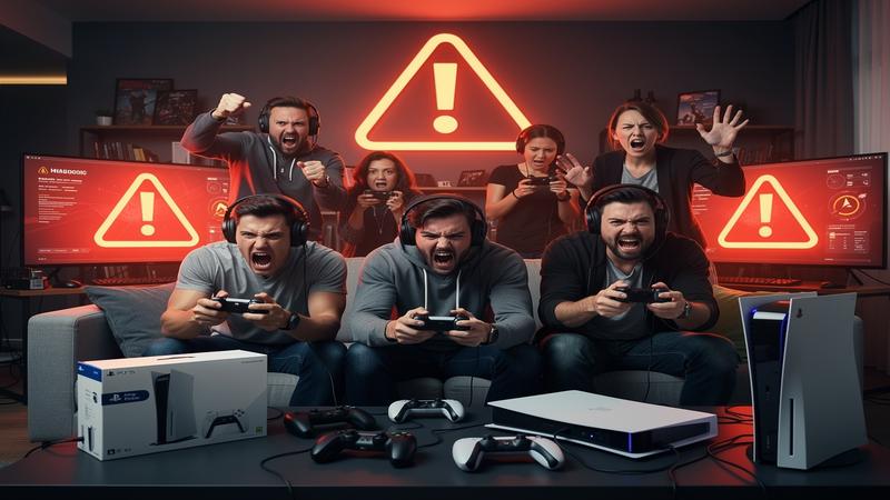 Angry gamers reacting to PlayStation price increase with red warning signs and console boxes