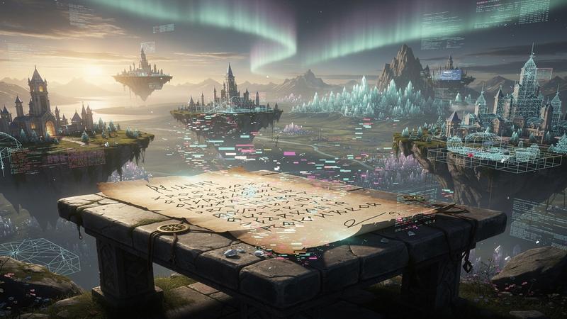 Fantasy game world with glitched AI-generated artifacts and apology letter visual concept