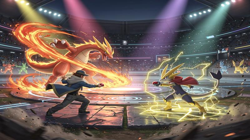 Vibrant Pokemon battle arena with trainers and iconic creatures in dynamic combat pose
