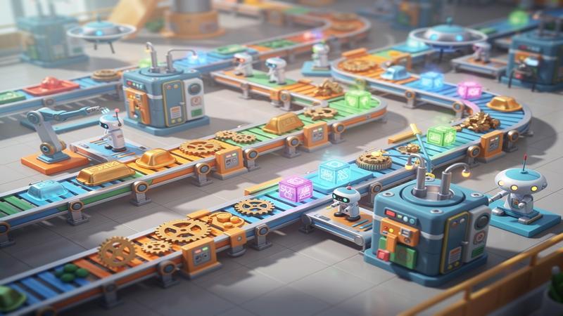 Casual factory-building game with colorful conveyor belts and industrial machines in charming art style