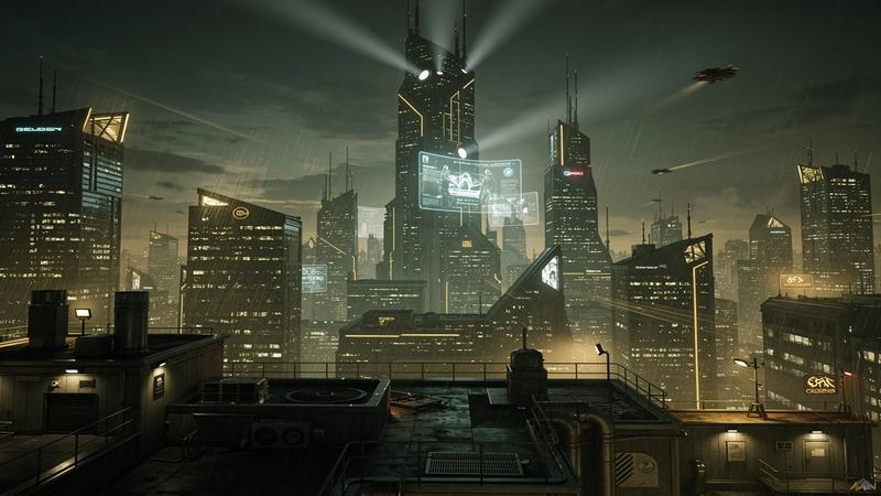 Deus Ex cyberpunk city skyline at night representing Eidos Montreal studio with dark corporate atmosphere