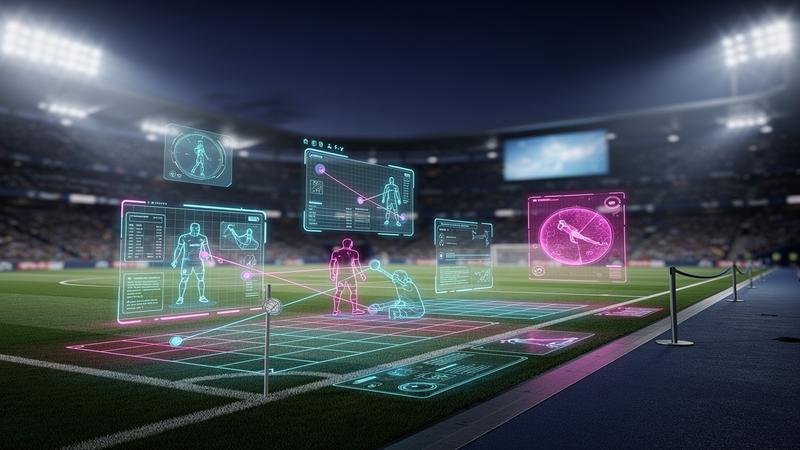 Soccer stadium at night with holographic game engine interface overlays and neon tech aesthetic