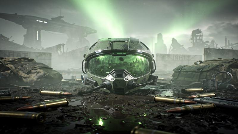 Sci-fi extraction shooter helmet on abandoned battlefield with eerie green lighting and fog