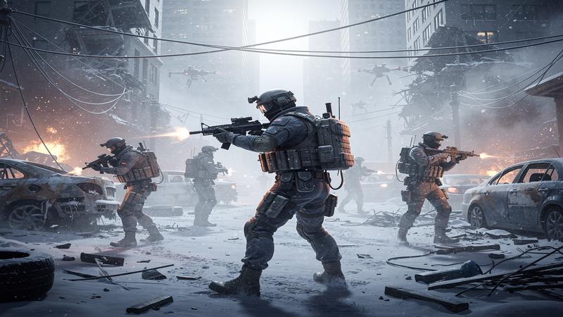 Post-apocalyptic mobile shooter game withagents in tactical gear navigating snowy urban ruins