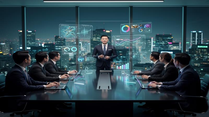Corporate boardroom presentation with futuristic holographic charts and Korean gaming company branding