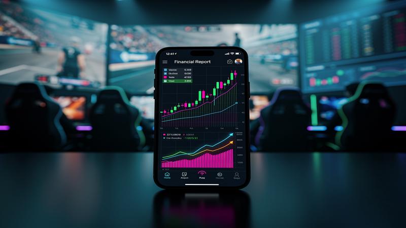 Mobile esports platform financial report concept with digital stock charts and competitive gaming imagery