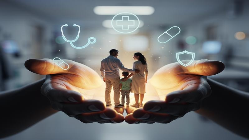 Healthcare support concept with protective hands shielding a family and medical symbols glowing warmly