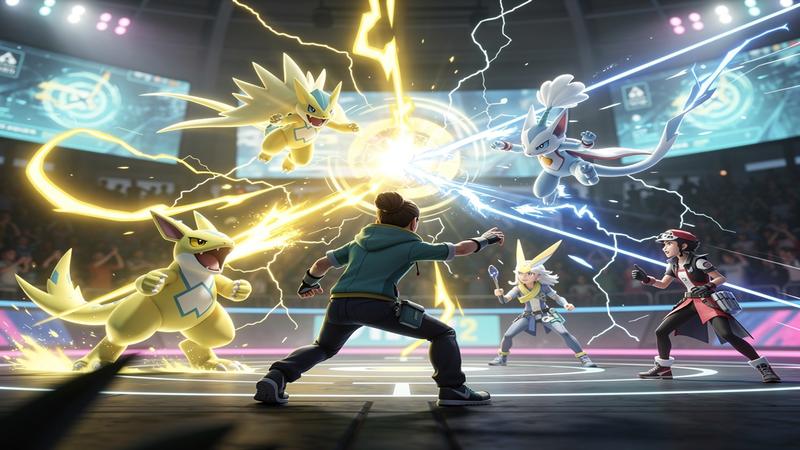 Colorful Pokemon Champions battle arena artwork with trainers and electric-type creatures in action