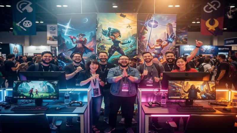 Joyful indie game developers celebrating at gaming convention with colorful game posters and booth displays