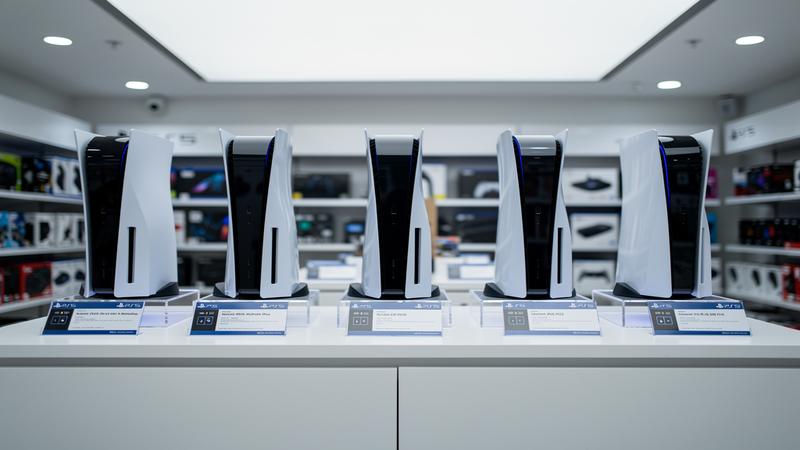 Electronics store display with PlayStation 5 consoles and updated price tags under bright retail lighting