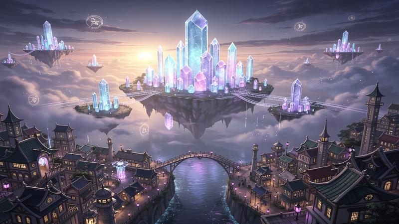 Genshin Impact fantasy city of Mondstadt with new sky temple area and floating islands at twilight