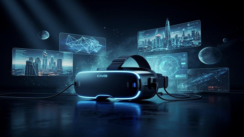 VR headset glowing in dark room with virtual reality worlds emerging around it in blue neon light