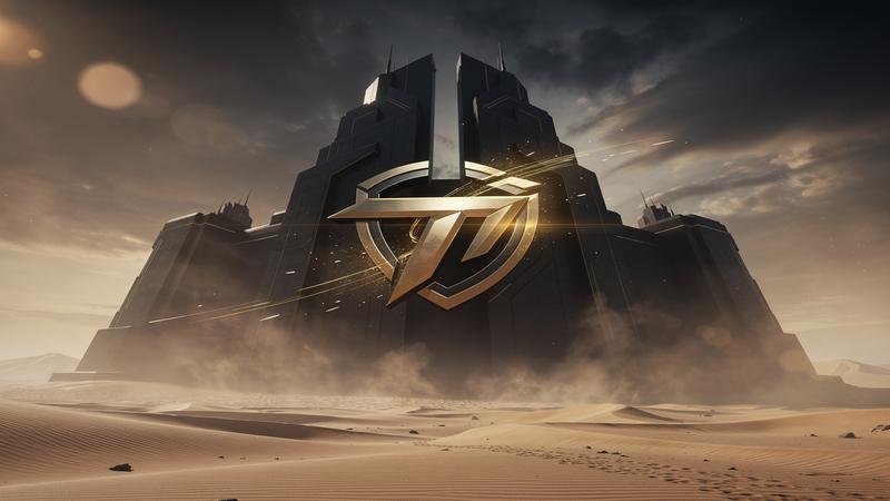 Corporate takeover concept with Electronic Arts logo merging with desert fortress silhouette and gold accents
