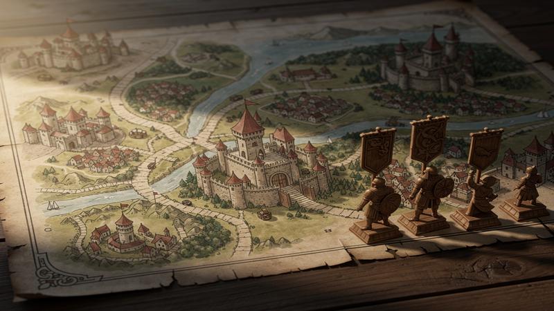Medieval board game art concept with traditional hand-painted maps and castle illustrations rejecting AI imagery