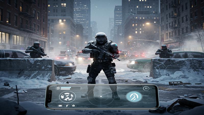 Mobile shooter game with tactical agents in snowy New York City streets and smartphone interface elements