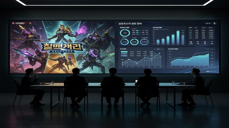 Korean corporate strategy presentation with sleek digital displays showing gaming franchises and financial charts
