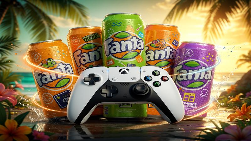 Colorful Fanta soda cans with Xbox controller and gaming challenge branding in vibrant tropical setting