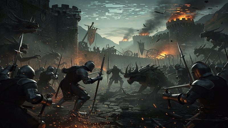 Medieval fantasy battle scene with visible AI artifact glitches and distorted textures creating unease