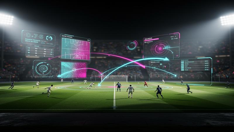 Soccer ball on high-tech engine blueprint with Frostbite and Unreal Engine logos clashing in neon light