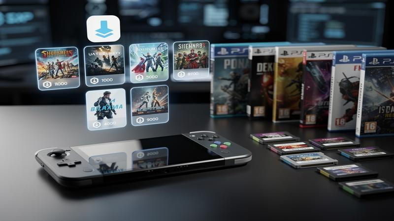 Nintendo Switch 2 console with digital download icons and physical game boxes showing price comparison