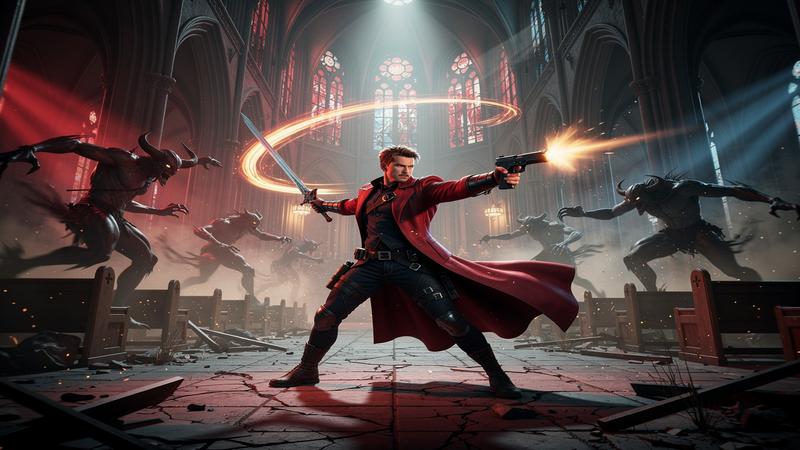 Stylish action game character in red coat fighting demons with sword and pistol in gothic cathedral setting