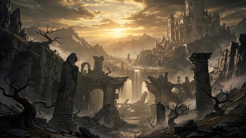 Epic fantasy landscape of Middle-earth with dark shadows and ancient ruins under golden cinematic lighting