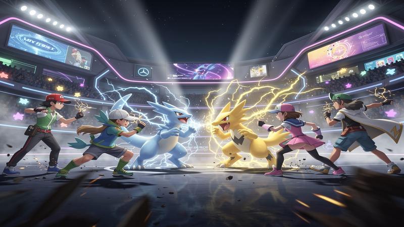 Pokemon battle arena with colorful trainers and electric-type creatures clashing in dynamic combat scene