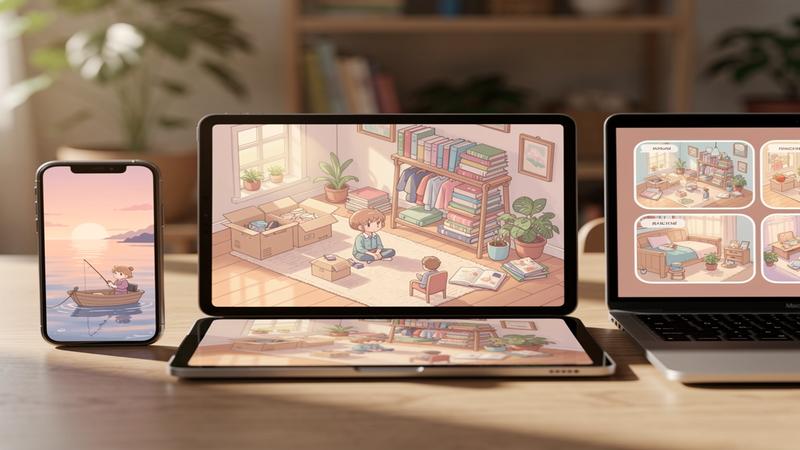 Cozy indie games collection on Apple devices with fishing boat and unpacking boxes in warm pastel art style