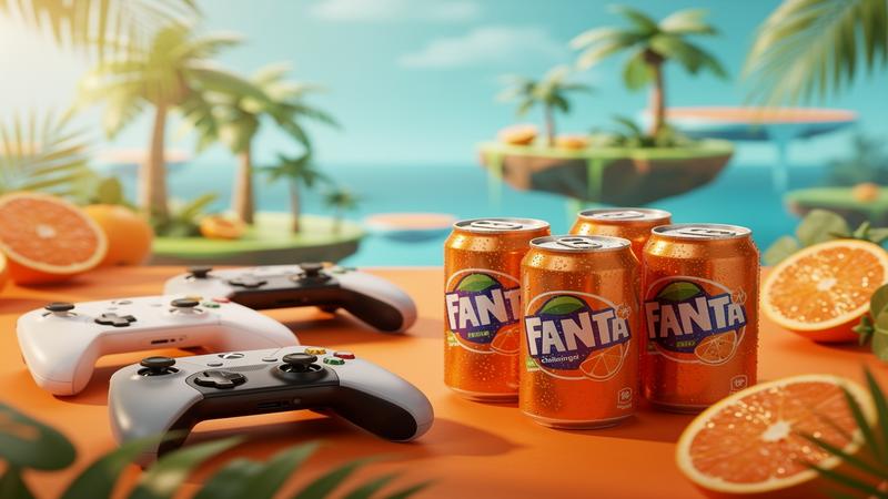 Fanta orange soda cans with Xbox gaming controllers and tropical challenge branding in vibrant summer colors