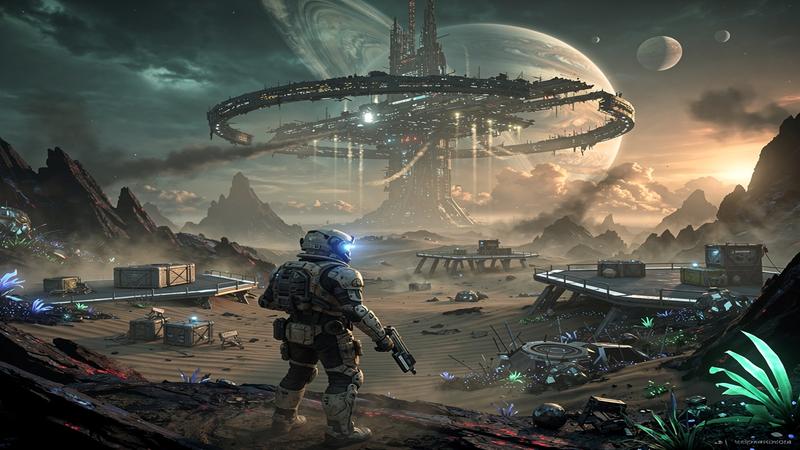 Sci-fi extraction shooter landscape with lone astronaut on alien planet and distant failing space station