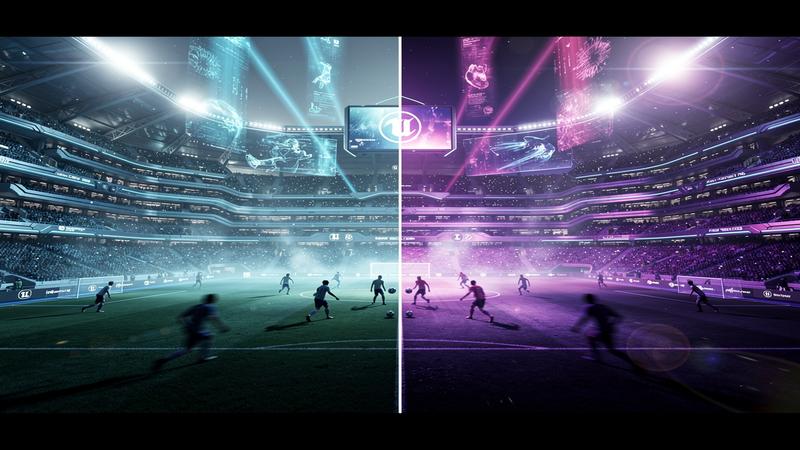 Futuristic soccer stadium with split-screen showing Frostbite engine on one side and Unreal Engine on the other in neon contrast
