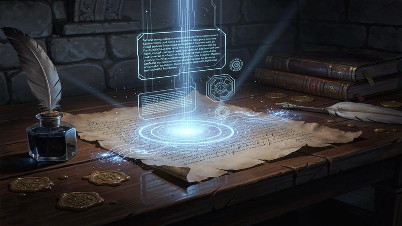 Medieval scribe's desk with quill and parchment being overwritten by holographic AI text in ominous blue light