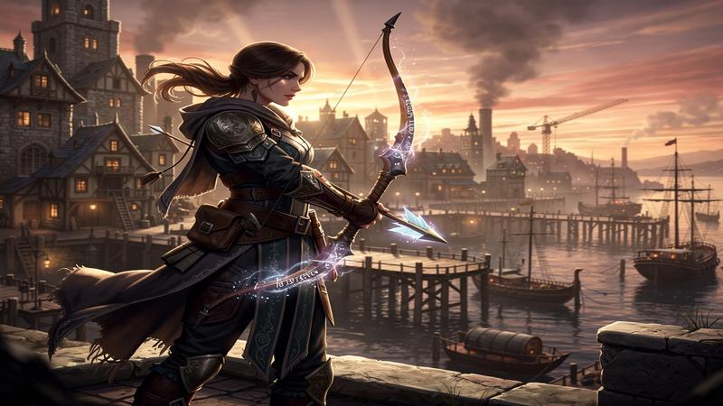 Genshin Impact character Linnea with Geo bow standing before the new Dornman Port cityscape at golden hour