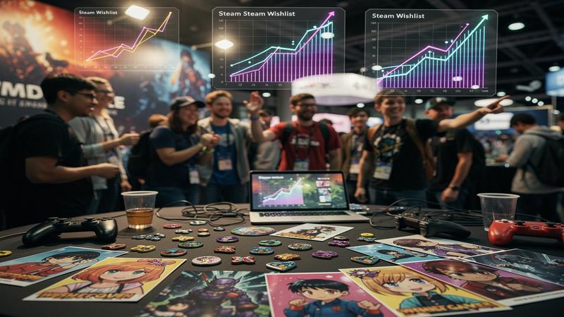 Indie game booth aftermath with excited gamers, colorful flyers, and rising Steam wishlist graphs floating above